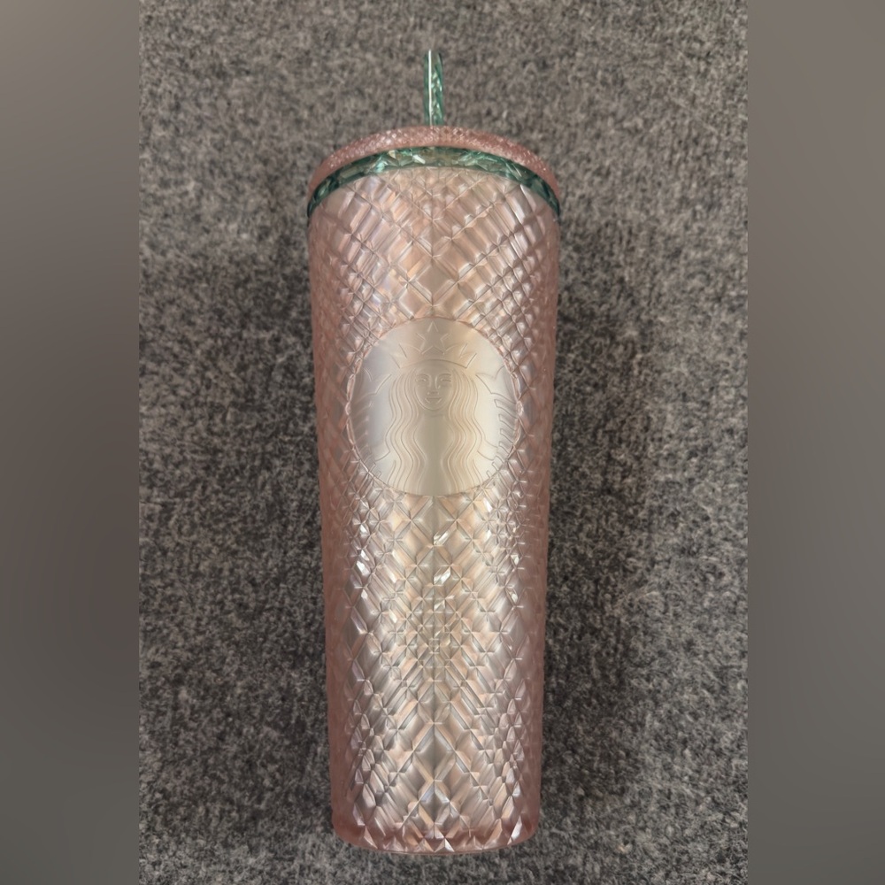 Starbucks 24oz Iridescent Pink & Green Diamond Texture Tumbler Cup Green Straw